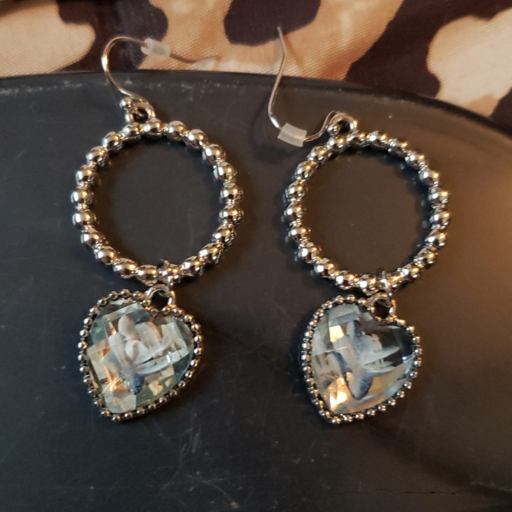 Silvertone Heart Encrusted Earrings